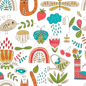 Vector Seamless Spring Bright Pattern.  Funny Summer Outdoor Doodles.