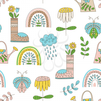 Vector Spring Seamless pattern with shoes, watering cans, butterflies, and flowers. Funny Summer Outdoor Doodles.