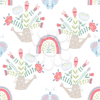 Vector Seamless Spring or Summer Pattern with flowers in watering can