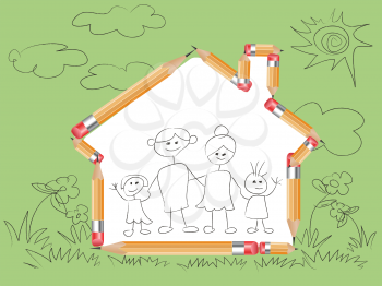 Royalty Free Clipart Image of a Family in a House