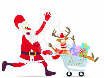 Royalty Free Clipart Image of Santa Claus Pushing a Shopping Cart