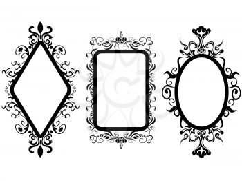 isolated 3 different shpes of vintage frame mirror on white background