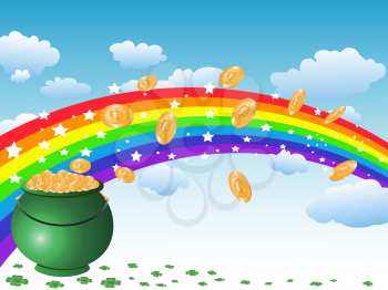the background of pot of gold coins and rainbow on the sky for st patrick day
