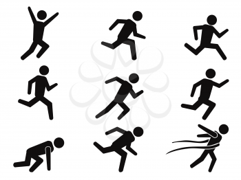 isolated black runner stick figure icons set from white background 