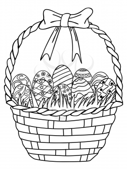 isolated hand drawn Basket of Easter eggs outline,coloring page on white background