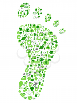 isolated green eco friendly footprint filled with ecology icons from white background