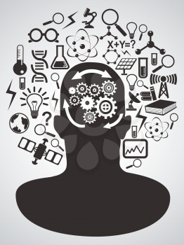 isolated human head with science icons set on gray background