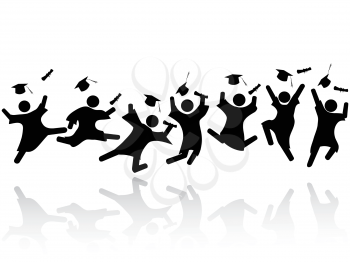 isolated cheerful graduated students jumping with shadows on white background