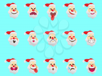 isolated funny santa expression face icons on blue background