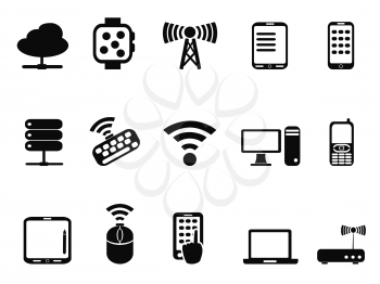 isolated black mobile computer device network icons on white background