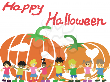 isolated happy children and pumpkins Halloween card on white background for Halloween holiday 