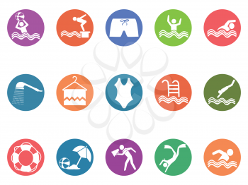 isolated swimming pool round button icons set from white background