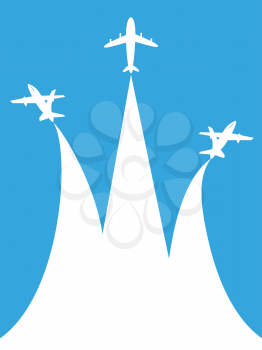 flying white airplane with copy space on blue background