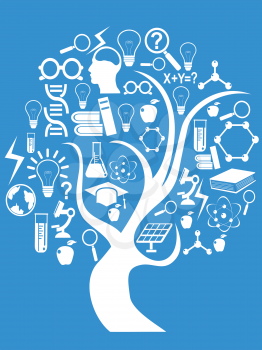 isolated white education and technology tree on blue background