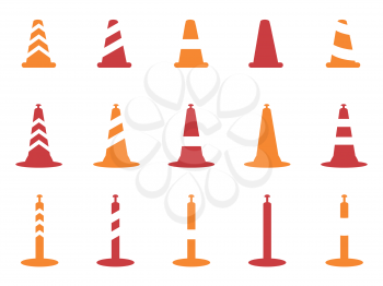 isolated orange and red color traffic cone icons set from white background