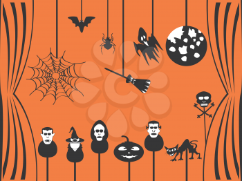 black halloween puppets theater with orange background
