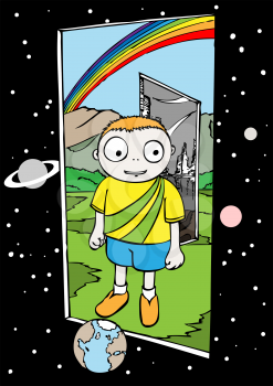 Royalty Free Clipart Image of a Boy at a Door
