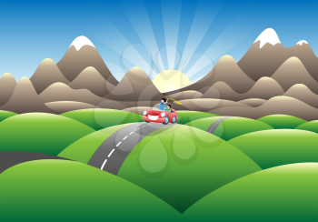 Royalty Free Clipart Image of a Car Travelling a Road in the Country