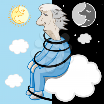 Royalty Free Clipart Image of a Man Wrapped in Cord Sitting on a Cloud Between Two Moons