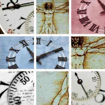 Royalty Free Photo of the Vitruvian Man and Clocks