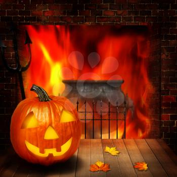 Halloween abstract backgrounds witn pumpkin and fireplace