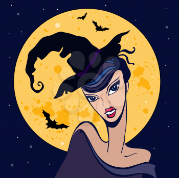 Royalty Free Clipart Image of a Witch in Front of a Full Moon