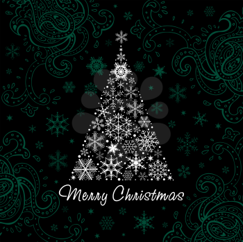 Royalty Free Clipart Image of a Christmas Greeting With a Tree Made of Snowflakes