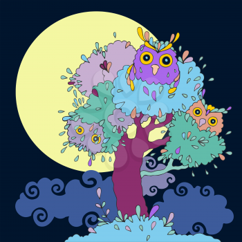 Owls in tree. Vector funny cartoon illustration.