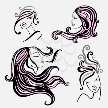 Beautiful Women with long hair. Vector  Illustration.
