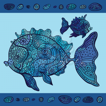 Abstract Cartoon Sea Fish. Hand Drawn vector pattern.