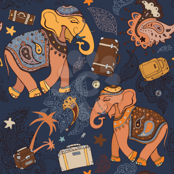 Seamless Vector pattern. Elephant. Hand Drawn Travel Wallpaper