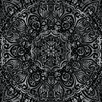 Silver mandala on black background. Ethnic vintage pattern.