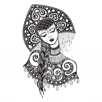 Russian traditional beauty girl. Hand drawn Illustration.