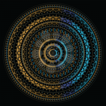 Ornament Mandala on black background. Ethnic vintage pattern. Geometric circle element, Hand drawn Vector illustration.