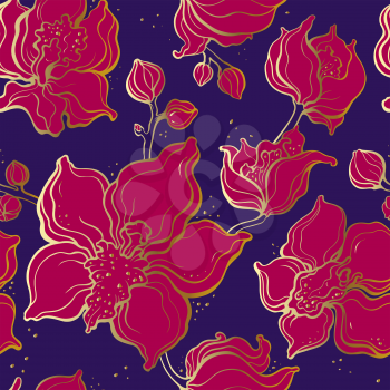 Floral pattern with Orchids. Hand drawn illustration. Seamless background