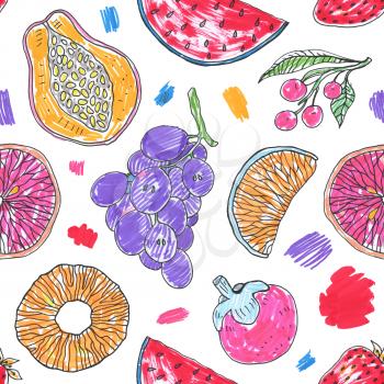 Tropical vegeterian pattern of exotic fruit. Hand drawn food design, Abstract watercolor Seamless background
