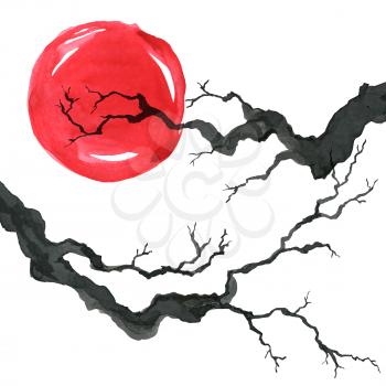 Tree branch in Japanese painting style. Traditional Beautiful watercolor hand drawn illustration