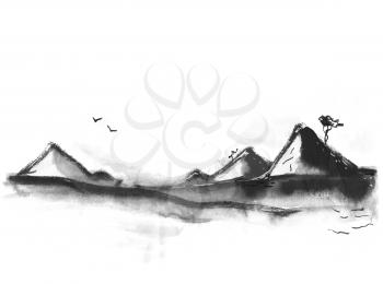 Mountains in Japanese painting style. Traditional Beautiful watercolor hand drawn illustration