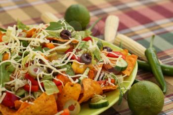 Heap of nachos with vegetables on green plate.