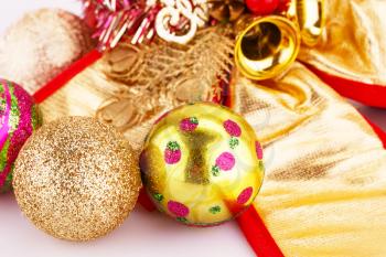 Christmas balls and decorations closeup image.