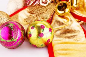 Christmas balls and decorations closeup image.