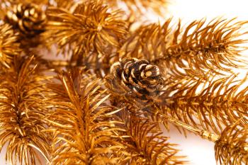 Christmas tree golden branch with cone closeup image.