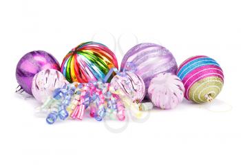 Christmas colorful balls and ribbons isolated on white background.