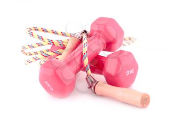 Two plastic coated dumbells and skipping rope isolated on white background.