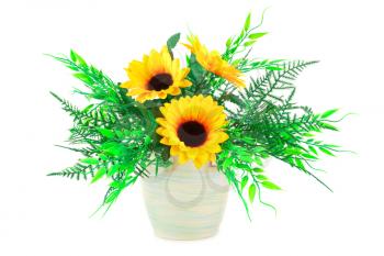 Yellow fabric flowers in vase isolated on white background.