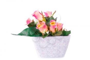 Pink fabric roses in vase isolated on white background.