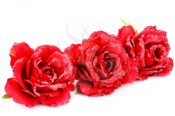 Red fabric roses isolated on white background.