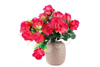 Red fabric roses in vase isolated on white background.