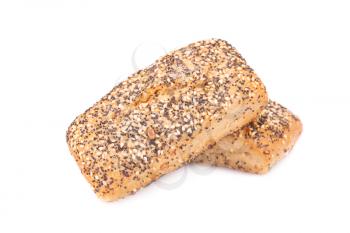 Dietary whole grain bread with various seeds isolated on white background.