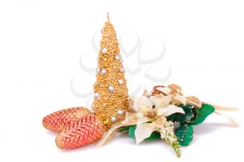 Christmas candle, flowers and cones isolated on white background.